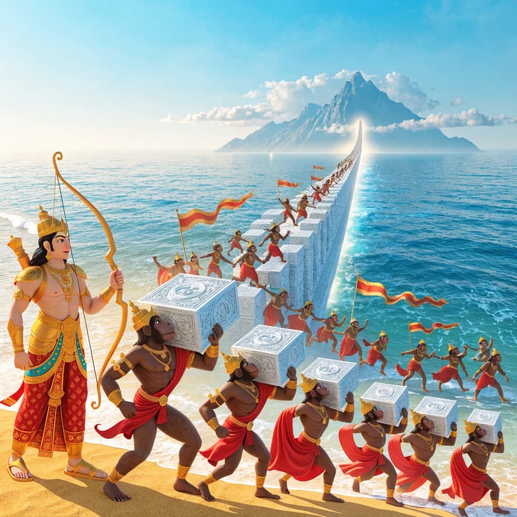रामसेतु निर्माण — वानर सेना द्वारा समुद्र पर सेतु बनाना